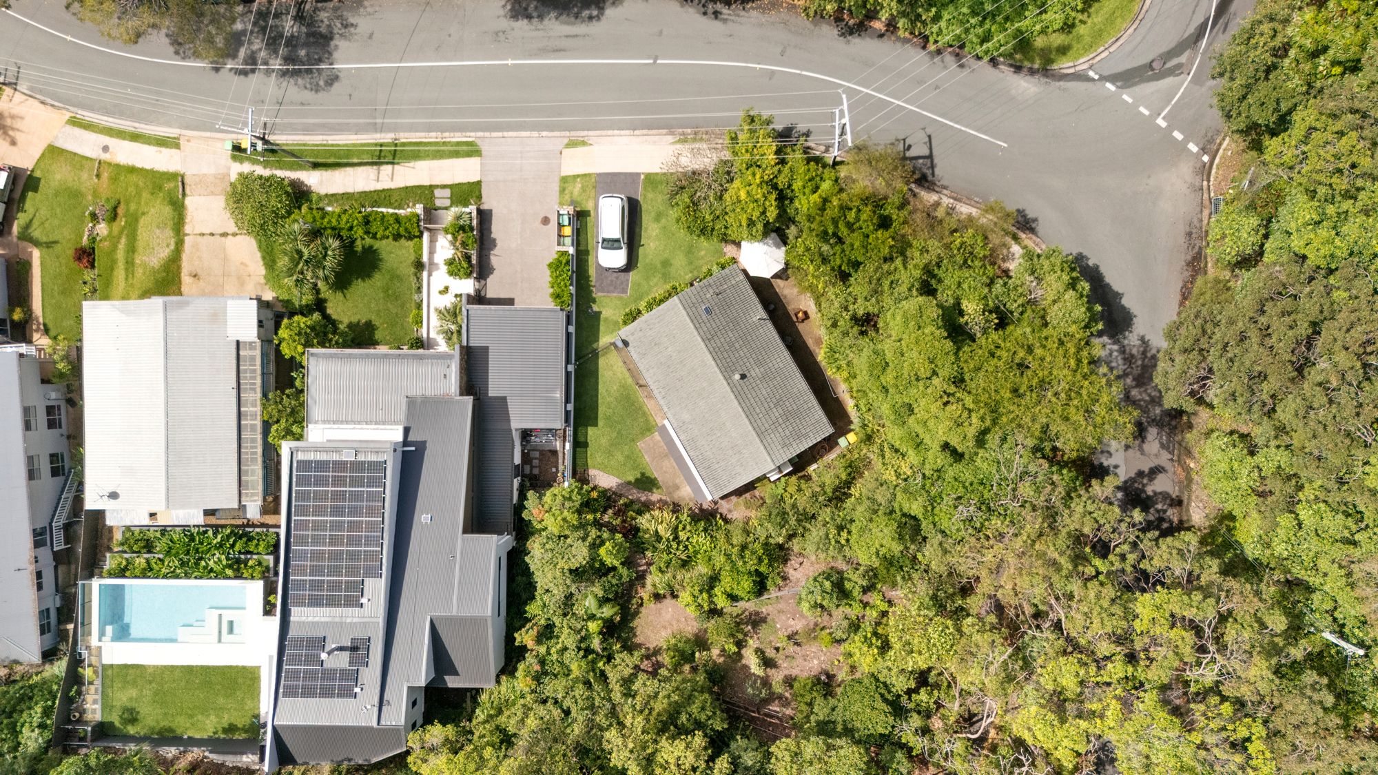 Top down aerial of rooftops