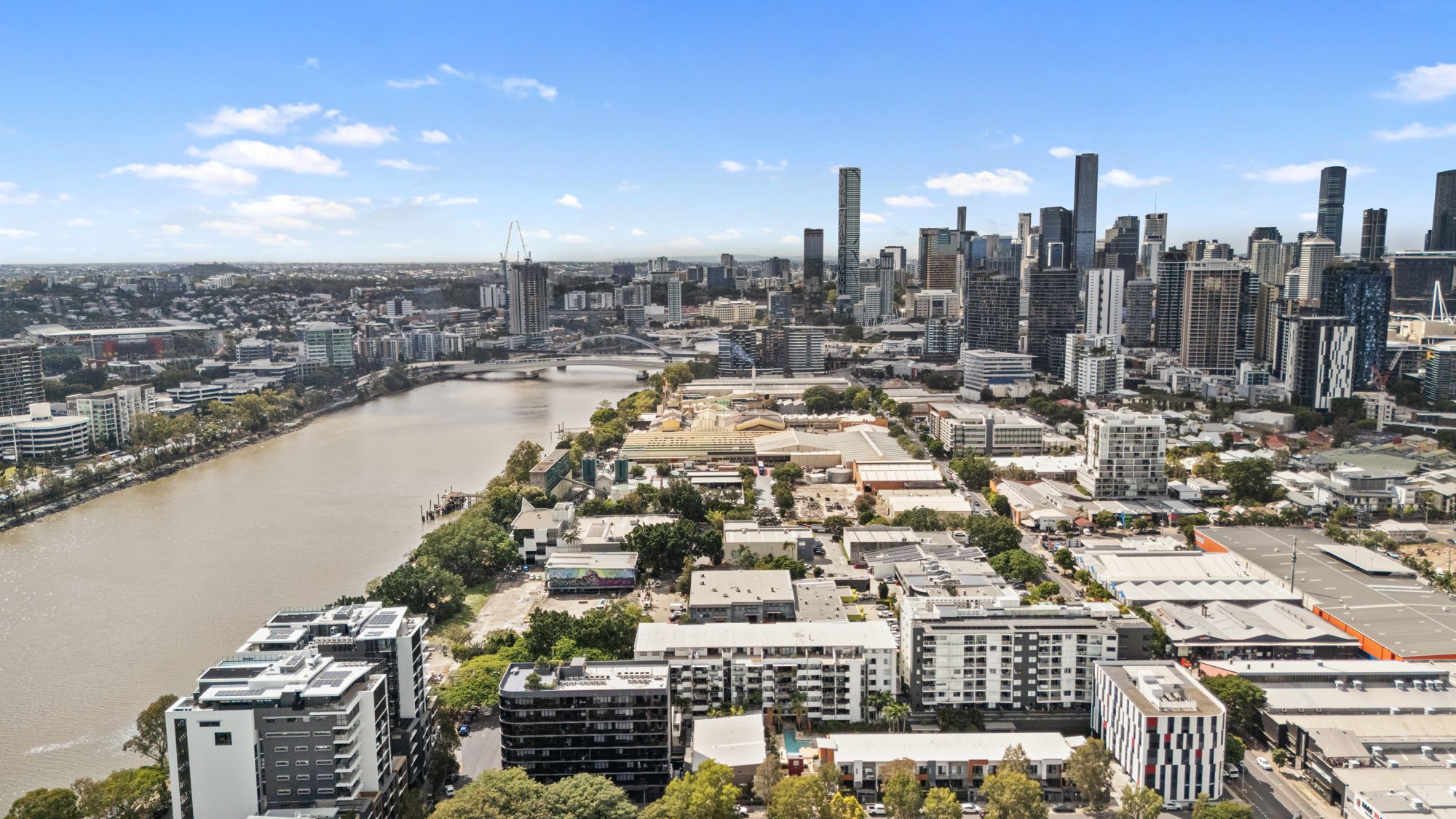 Aerial of the river and city skyline