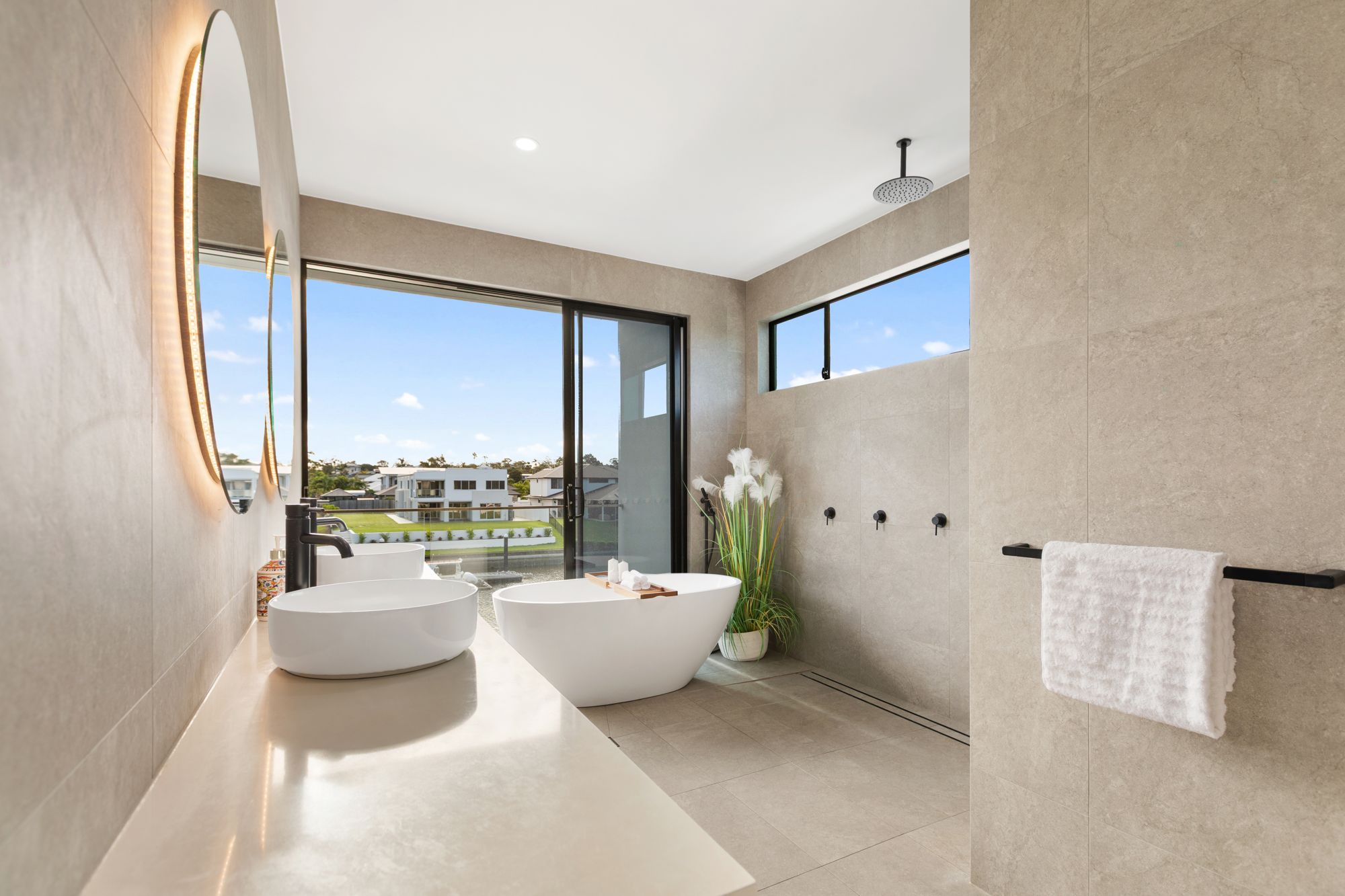 Freestanding twin basin bathroom